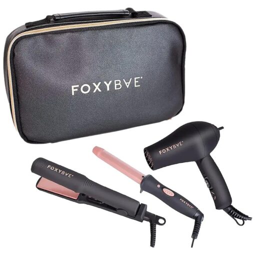 FoxyBae Travel Hair Tools - Includes 1" Mini Flat Iron, 0.75" Travel Curling Iron Mini, Dual Voltage Mini Blow Dryer & Travel Bag - Rose Gold Mini Hair Styling Tools