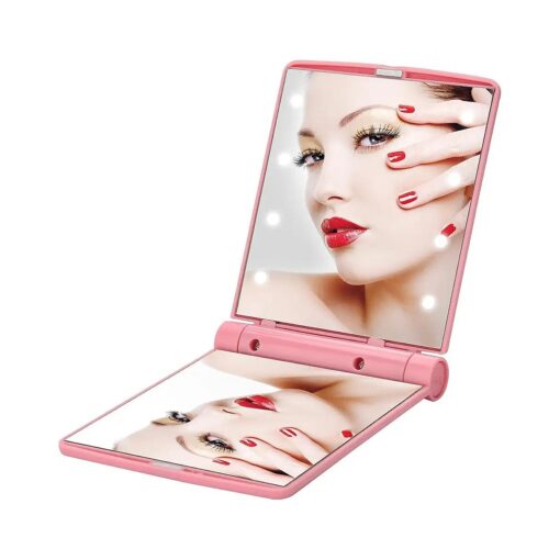 YUSONG Makeup Mirror, Compact Mirror Travel Folding with Lights, Portable Handheld Mini Pocket Purse Size Mirrors for Women ( Pink )