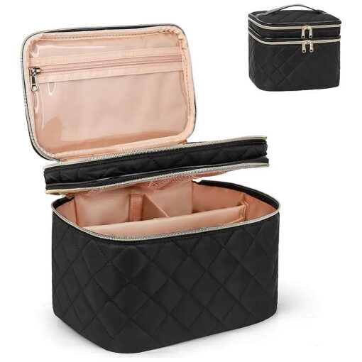 Travel Makeup Bag Organizer, Large Make Up Bag for Women, Double Layer Cosmetic Bag with Removable Dividers, Portable Makeup Case Storage, Black