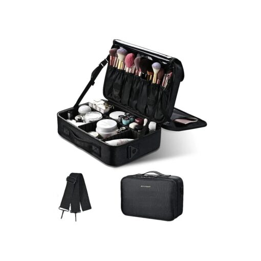 BYOOTIQUE Travel Makeup Bag Makeup Train Cases Professional Lipstick Organizer with Shoulder Strap Adjustable Dividers for Cosmetics Makeup Brushes Lipstick Toiletry Travel Accessories, Black