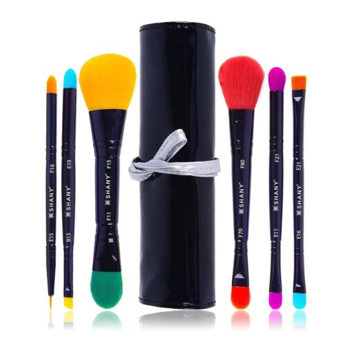 SHANY Vegan Makeup Brushes - LUNA - 6 PC Double Sided Travel Make up Brushes with 12 unique Bristles - with Brush storage Pouch - Synthetic