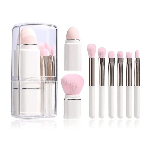 JPNK Portable Makeup Brushes For Travel Makeup - 8 in 1 Travel Loose Powder Brush, Angled Brush, Foundation Blending Lip Brush Retractable Makeup Brushes Sets ( White )