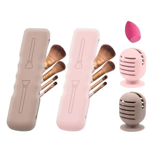 4Pack Makeup Brush Sponge Holder, Silicone Makeup Brush Covers Bag Travel Beauty Blender Holders Suctioned Drying Stand, Magnetic Makeup Brushes Case Organizer for Traveling Cute Portable-Pink, Khaki