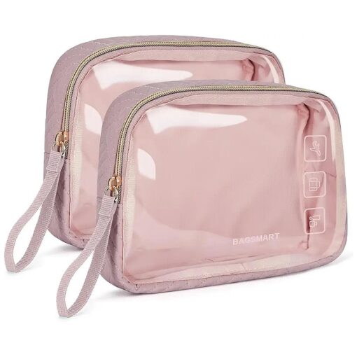 BAGSMART TSA Approved Toiletry Bag, 2 Pack Clear Makeup Cosmetic Bag Organizer, Quart Size Travel Bag for Toiletries, Carry-on Travel Accessories Essentials - Pink