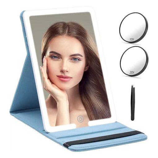 Travel Mirror with Light and Round 10X 20X Magnifying Mirror, PU Leather Travel Makeup Mirror with 3 Light Settings, Portable LED Lighted Makeup Mirror of 8 * 5.5inch, with 2000mAh ( Set-Blue )