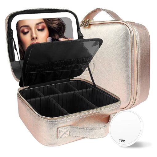 Travel Makeup Bag Cosmetic Bag Makeup Organizer Bag with Lighted Mirror, Adjustable Brightness in 3 Color Scenarios, Waterproof Makeup Train Case, Gift for Women - Champagne