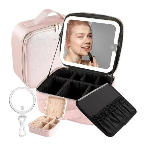 Lighted Makeup Case with Full-screen HD Mirror Travel Makeup Train Case with Adjustable Dividers Cosmetic bag with Foldable 1x/10x Magnifying Mirror and Jewelry Box Phosphor