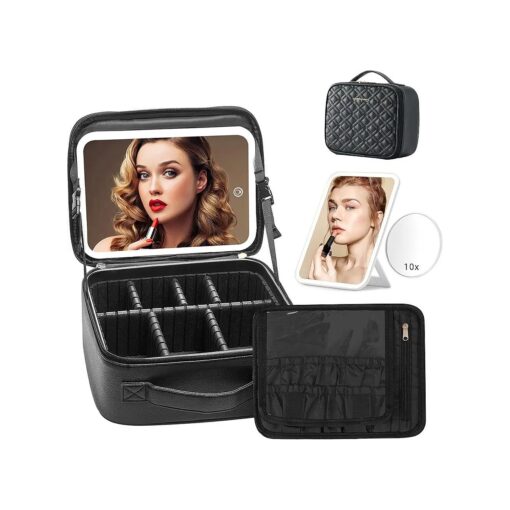 Makeup Bag with Mirror Led Light Detachable Portable Make up Travel Train Case with Adjustable Dividers and 10x Magnifying Mirror Black