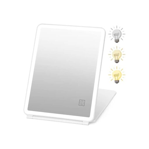 [ ( Large Size ) ] Travel Makeup Mirror with Light, Led Folding Vanity Mirror Portable USB Rechargeable Mirror 3 Color Lighting Touch Screen Brightness Thin Compact Vanity Mirror Dimmable Mirror