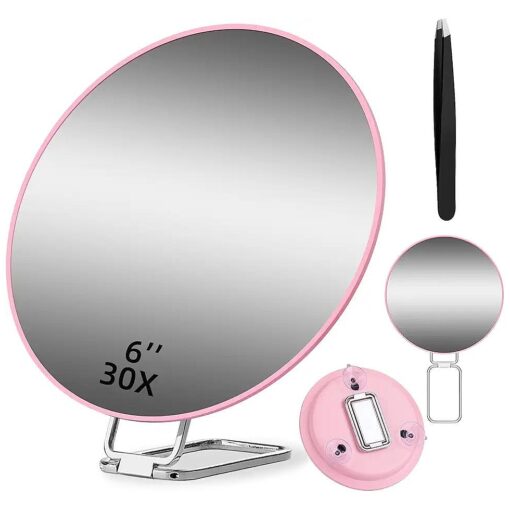 30X Makeup Magnifying Mirror, 6" Round Magnifying Mirror, 30X Makeup Mirror with Magnification 30x High Magnifying Mirror and Tweezers, Travel Magnified Mirror with 3 Suction Cups, Adjustable Stand