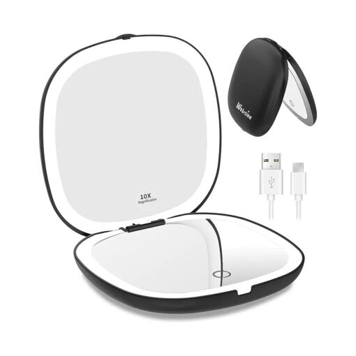 wobsion Travel Mirror with Light, Rechargeable 1x/10x Compact Magnifying Mirror, Dimmable Pocket Mirror, Handheld 2-Side Mirror with Light,4inch Travel Size, Portable for Handbag, Purse, Gift, Black