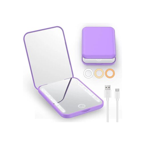 Gospire Mini Rechargeable Travel Makeup Mirror with Lights and Magnification 1X / 3X, LED Compact Mirror with 3 Light Colors & Adjustable Brightness, Small Vanity Mirror Handheld for Purses - Purple