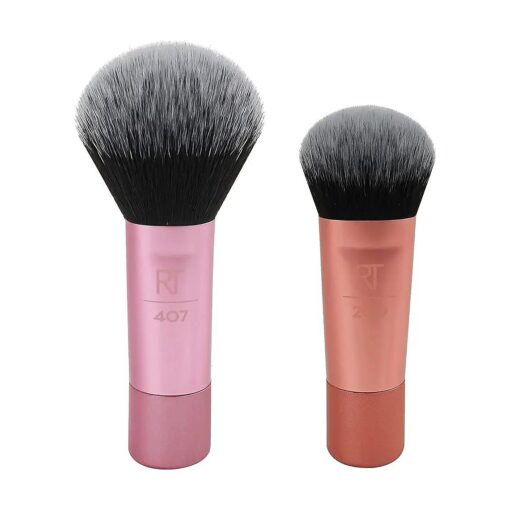 REAL TECHNIQUES Mini Brush Foundation and Blush Duo, Travel Size, For Loose Blush and Liquid Foundation, 2 Piece Set, Multicolor