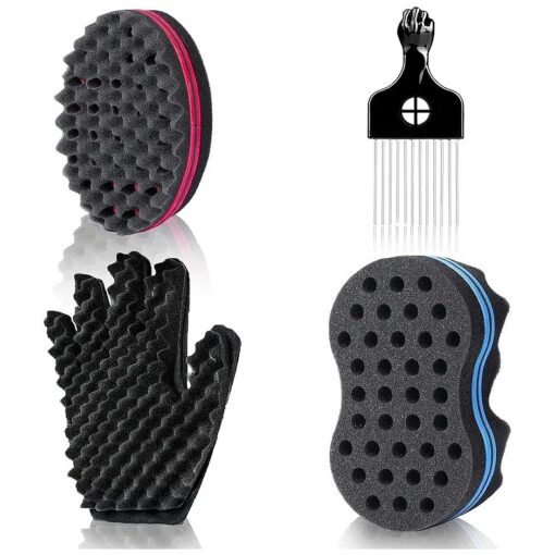 Magic Twist Hair Sponges Set, Big Holes Sponge Brush for Hair, Curling Sponge Glove for Men Women Curls with Metal Afro Pick ( 6.7 inch )