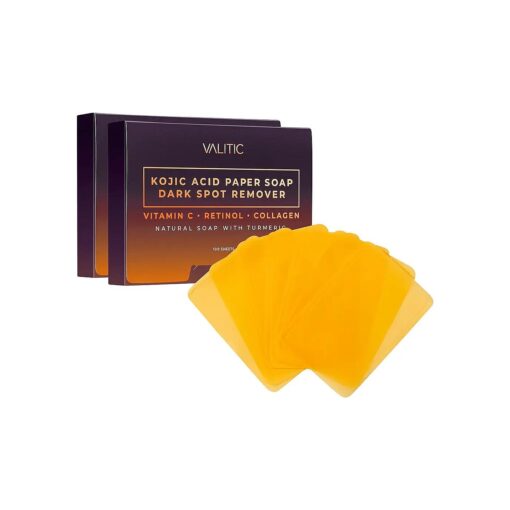 VALITIC Kojic Acid Dark Spot Corrector Paper Soap - Travel Size - 100 Portable and Dissolvable Soap Sheets - with Vitamin C, Retinol, Collagen and Turmeric - 2 Pack