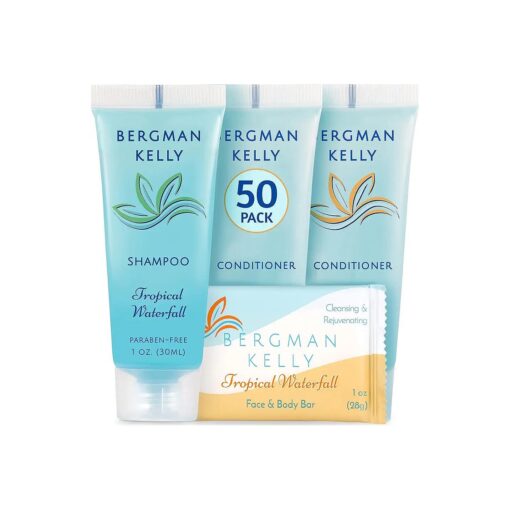 BERGMAN KELLY Rectangular Hotel Soap Bars, Shampoo & Conditioner 3-Piece Set ( 1 oz each, 150 pc, Tropical Waterfall ), Delight Guests w/Invigorating & Refreshing Bulk Travel Size Hotel Toiletries