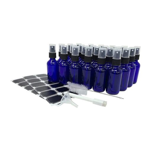 Nevlers 24 Pack 2 Oz Blue Small Glass Spray Bottles for Essential Oils - Perfume |Refillable Travel Size Spray Bottle Set Includes Sprayers - Funnel- Brush- Labels - Marker to Easily Identify Contents