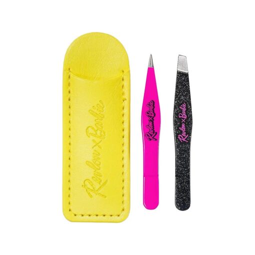 Revlon x Barbie Mini Tweezer Set, Stainless Steel Hair Removal Makeup Tool, includes Slant Tip & Pointed Tip Tweezers in Travel Case