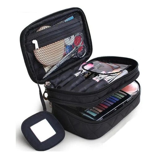 Cosmetics Bag, Double Layer Makeup Bag with Mirror Beauty Makeup Brush Bags Travel Kit Organizer, Cosmetic Bag Professional Multifunctional Organiser For Women, Size S Black