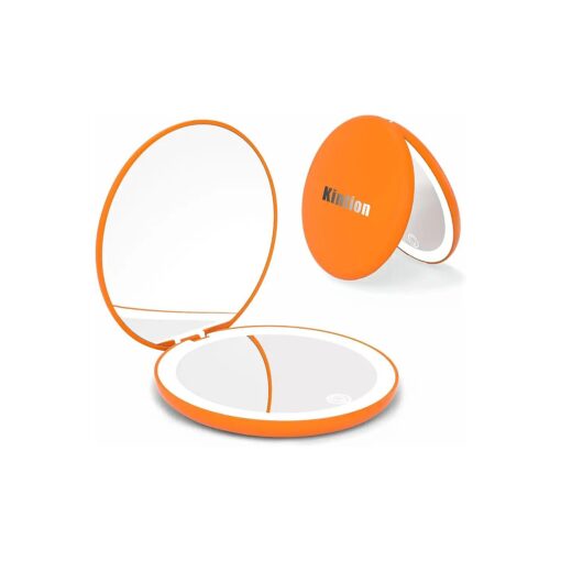 Kintion Travel Mirror with Light, 1X/10X Magnification Compact Mirror, 4" Rechargeable LED Purse Mirror, Dimmable 3 Color Temperature, Portable Lighted Pocket Mirror, Orange