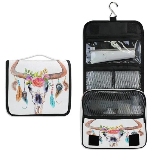 Toiletry Bag Ethnic Cow Bull Skull Feather Wash Gargle Bag Travel Portable Cosmetic Makeup Brush Case with Hanging Hook Organizer for Women Men