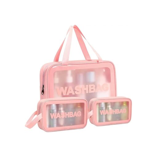 3 PCS Travel Toiletry Bag for Women Men, Translucent Waterproof Makeup Cosmetic Travel Organizer Bag for Size Toiletries Accessories with Large Capacity ( Pink )