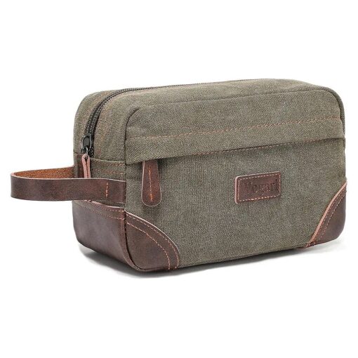 Wogarl Toiletry Bag for Men, Leather and Canvas Travel Toiletry Bag Dopp Kit Shaving Bag for Travel Accessories ( Army Green )