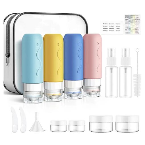 14PCS Travel Bottle Set for Toiletries, Travel Size Silicone Bottles & Spray Bottles, TSA Approved Leakproof Refillable Cosmetic Containers kits for Shampoo, Body Wash, Hand Lotion, Facial Cleanser