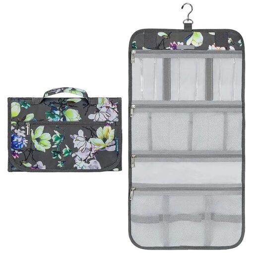 PAVILIA Hanging Toiletry Bag Women Men, Travel Kit Foldable Toiletries Organizer, Roll up Cosmetics Makeup Bag Accessories, Waterproof Essentials Jewelry Case ( Floral Grey )