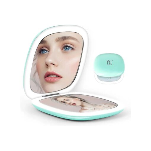 Nuoya Compact Mirror, 2-Sided Rechargeable Travel Makeup Mirror, 1X/10X Magnification Lighted Pocket Mirror, 3 Colors & Brightness Dimmable, Portable Folding Mirror for Travel, Home, Office ( Green )