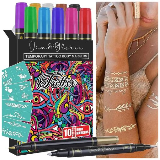 Jim & Gloria Body Art Tattoo Pen Dual Tip 10 Colors With GOLD & SILVER Skin Markers For Kids Adults, Gifts for Teenage Girl, Teen Girls Trendy Stuff 8 9 10 11 12 13 14 + Years Old Stocking Stuffers