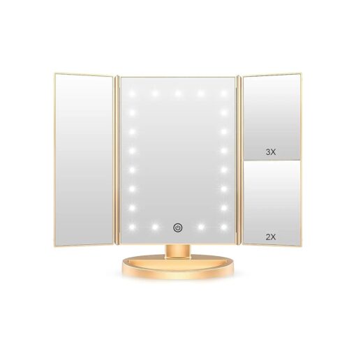 WEILY Lighted Vanity Makeup Mirror 1x/2x/3x Magnification Trifold with 36 LED Lights Touch Screen and USB Charging, 180 Degree Adjustable Stand for Countertop Cosmetic Makeup Mirror ( Gold )