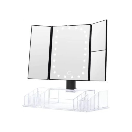 Makeup Mirror with Lights and Storage - 3x/2x Magnification, Tri-Fold Cosmetic Vanity Mirror with 24 Led Light, Touch Screen, 180 Degree Adjustable Rotation, Black