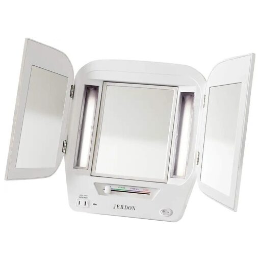 Jerdon Tri-Fold Two-Sided Makeup Mirror with Lights - Vanity Mirror with 5X Magnification & Multiple Light Settings - White Base - Model JGL12W