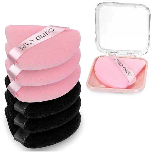 6 Pcs Triangle Powder Puff with 2 Travel Cases, Setting Powder Puffs for Face Powder and Foundation, Velour Makeup Puff for Loose Powder Body Powder, Skin-Friendly, Beauty Makeup Tools