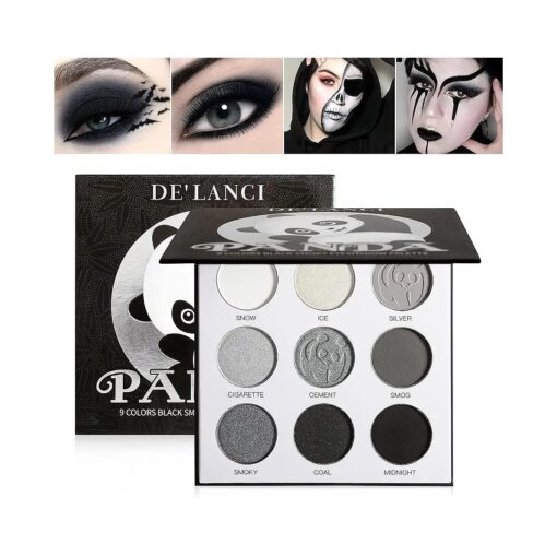 Black Smoky Eye shadow Palette, DE'LANCI PANDA 9 Colors True Black Dark Grey Smokey Goth Makeup Pallet, 9 Soft Matte Shimmer High Pigmented Basic Black White Gray Shade for Halloween