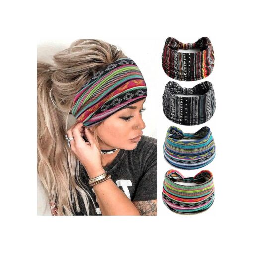 Boho Headbands For Women Fashion Stretch Wide Hair Bands Knoted Turban Head Bands Yoga Running Sweatband Elastic Headband Stylish Wrap Headbands Hair Accessories for Teen Girls 4 Pack