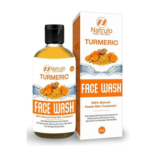 Natrulo Turmeric Face Wash, 4oz Clear Skin Liquid Soap - 100 % Natural Anti Aging Exfoliating Turmeric Facial Cleanser for Fading Spots, Clearing Acne Scars, Age Spots, Sun Damage, Discoloration