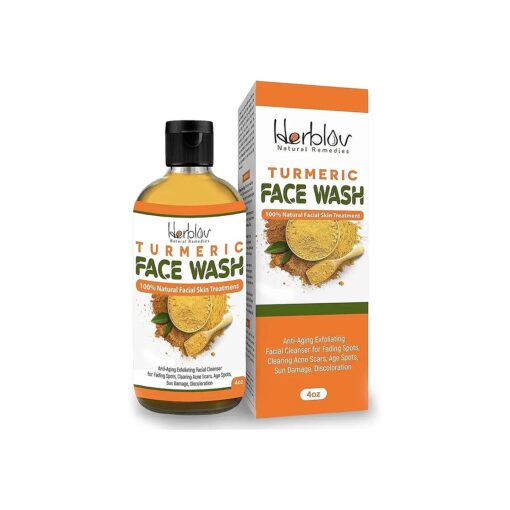 Turmeric Face Wash, 4oz Turmeric Clear Skin Liquid Soap - 100 % Natural Anti Aging Exfoliating Turmeric Facial Cleanser for Spots, Clearing Acne Scars, Age Spots, Sun Damage, Discoloration - Turmeric Soap Skin Detox Made in USA