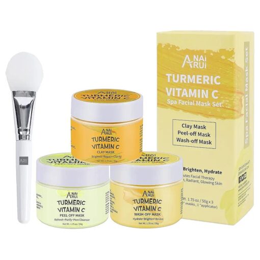 ANAI RUI Turmeric Vitamin C Facial Mask 3-in-1 Travel Mini Kit - Clay Mask, Peel Off Mask, Wash-Off Cream Mask, for Acne & Dark Spots, Oily Skin, Facial Spa Treatment 1.75 oz x 3 ea