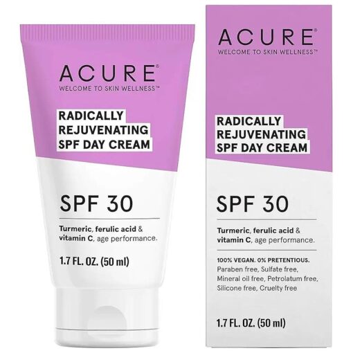 Acure Radically Rejuvenating SPF 30 Day Cream - Anti-Aging Sun Protection with Turmeric, Ferulic Acid & Vitamin C - Antioxidant Support, Calms and Soothes Skin - 100 % Vegan - 1.7 Fl Oz, Scented