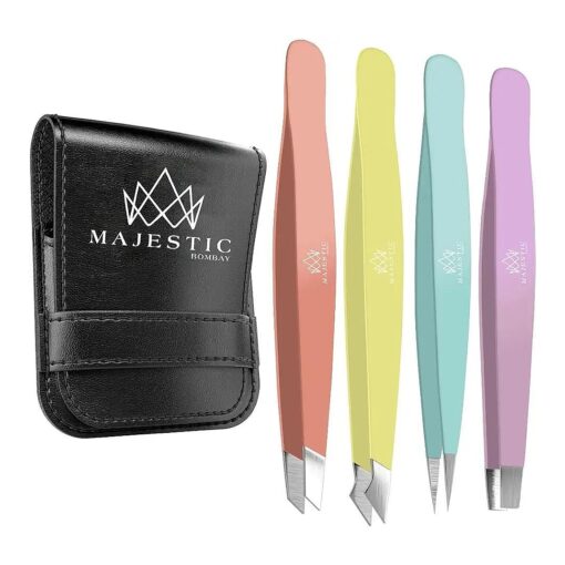 Tweezers Set 4-piece-Stainless Steel Slant Tip + Sharp Pointed Eyebrow Tweezer Set-Precision Facial Hair Removal, Eyebrow Hair, Splinter, Blackhead, Ingrown Hair/Tick Remover-Ends Meet Perfect