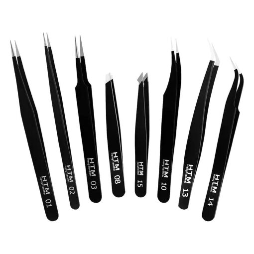 HengTianMei 8Pcs lash tweezers 3 Stainless Straight and 3 Curved Tip Eyelash Tweezers, With 2 Slant Pointed Precision Eyebrows Tweezers for eyelash extensions, Facial Hair, and Ingrown Hair Removal