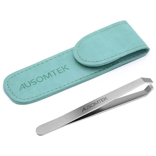 Beard Tweezers, White Hair Plucking Tweezers, Stainless Steel, Fine Hair Removal Tweezers, Eyebrows Shaping Tool, 5mm Tip, Cyan PU Case 1Pack