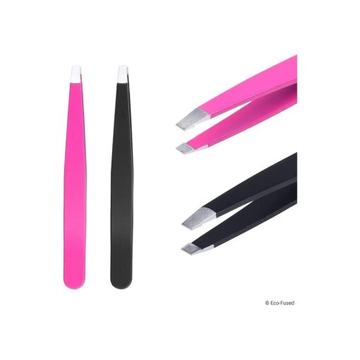 Tweezers - 2 Sets - Slant/Pointed/Flat - High Precision - Pluck Eyebrows, Apply Fake Eyelashes, Remove Facial/Body/Ingrown Hair - Essential Beauty & Personal Care Tool - Pink and Black