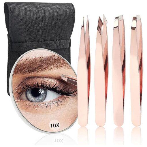 Tweezers and 10X Magnifying Mirror Kit with Travel Leather Case, Eyebrow Tweezer Set for Women & Men, Great Precision for Facial Hair, Splinter and Ingrown Hair Removal - Rosy Gold