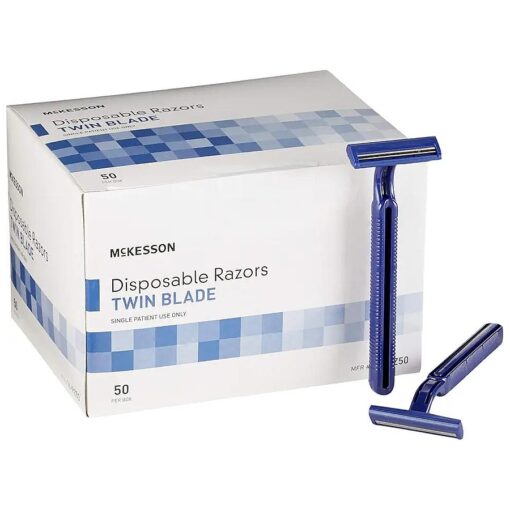 McKesson Disposable Razors, Shaving Razor, Twin Blade, Stainless Steel Blade, Blue, 50 Count, 1 Pack