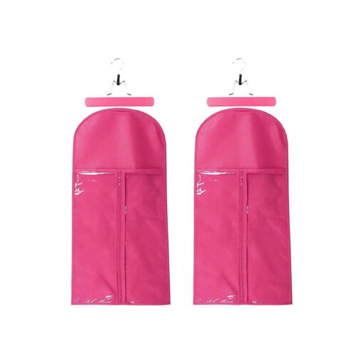 2 PCS Hair Extensions Storage Bag, Storage Bag for Extension with Wooden Hanger, Dust Proof Portable Wig Storage Bag Hair Extension Carrier Holder With Strong Durable Zipper, Rose Red