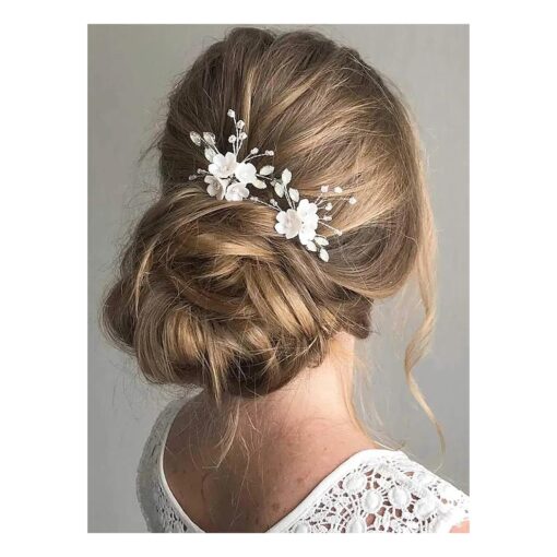 Fstrend Bridal Wedding Hair Pins Silver Sparkly Rhinestones Pearls Flower Hair Pin Bride Hairpieces Gorgeous Hair Accessories for Women and Girls ( Pack of 2 ) ( Silver )