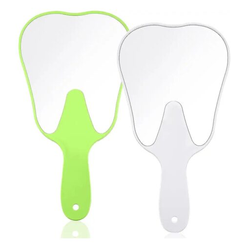 Jetec 2 Pieces Tooth Shaped Handheld Mirror Cute Makeup Mirror Hand Held Plastic Dental Mirrors with Handle Cosmetic Hand Mirror for Women Men Girls and Kids ( Green, White )